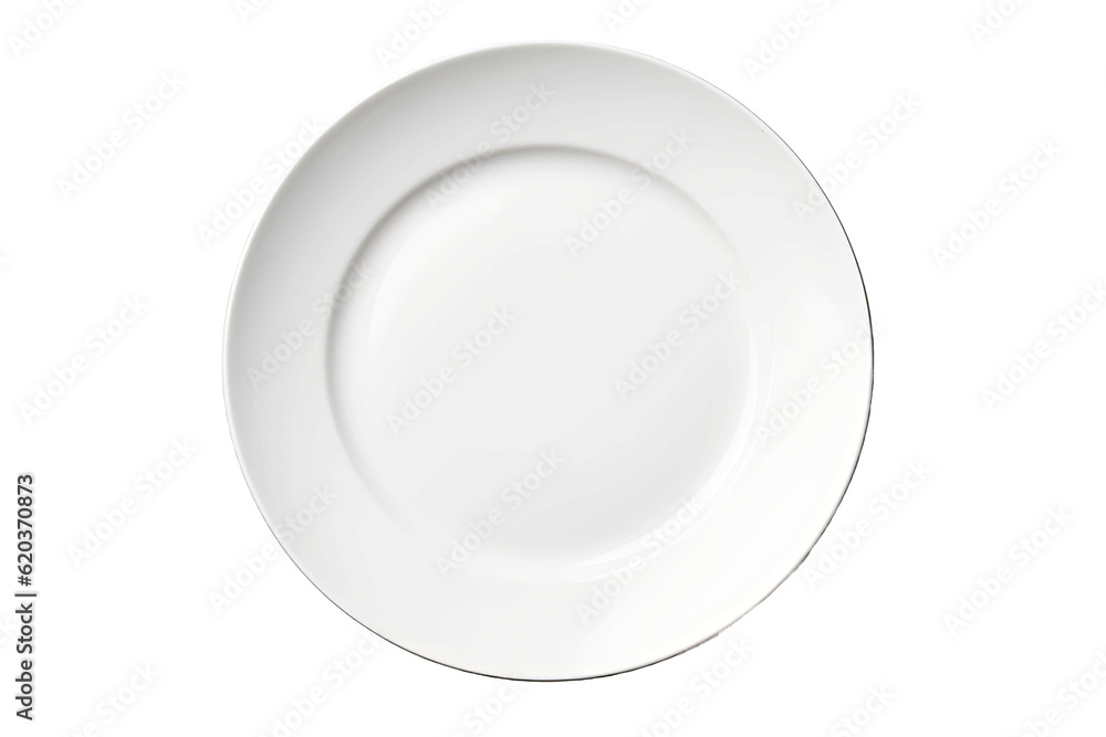 An isolated white plate is seen on a transparent background. Clipping path is provided.