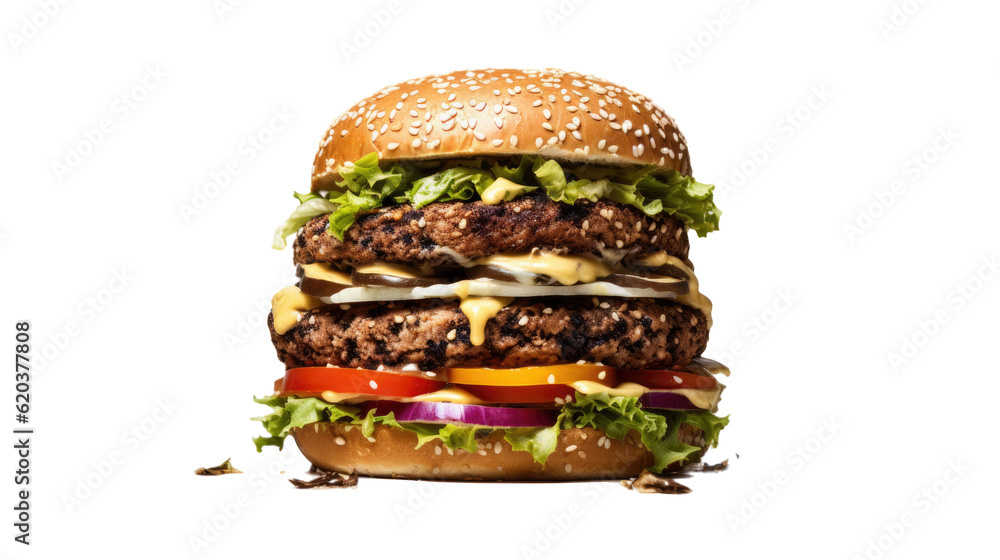 A new and delicious hamburger is shown separately on a plain transparent background.