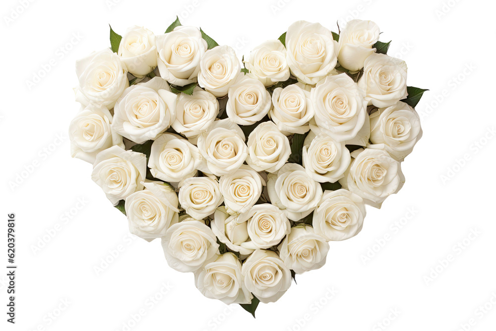 White roses are seen on a transparent background, forming a heart shape.
