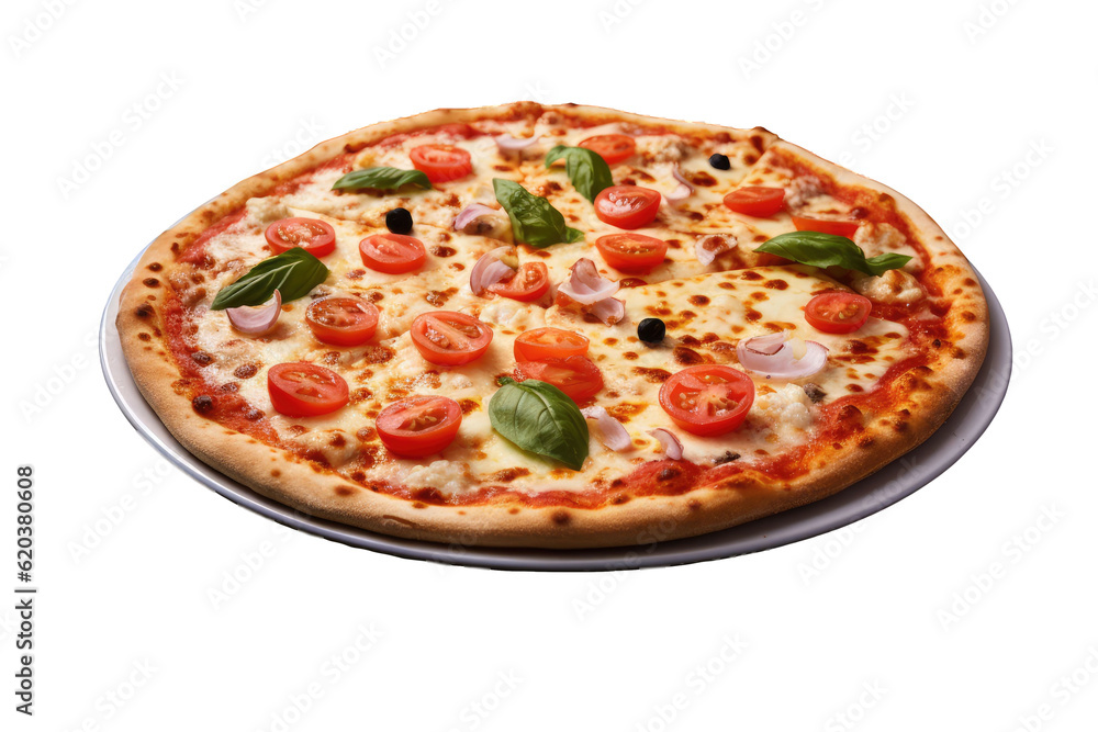 A transparent background showcases an Italian pizza adorned with fresh vegetables and basil leaves, 