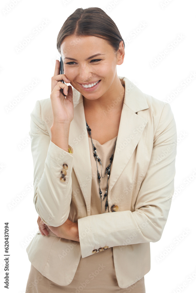 Business, woman and smile for phone call, mobile communication and isolated on transparent png backg