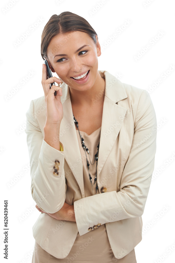Happy business woman, phone and conversation standing isolated on a transparent PNG background. Fema