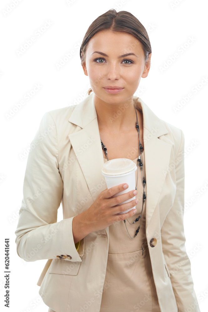 Business, portrait and young woman with coffee on isolated, transparent and png background. Tea, bre