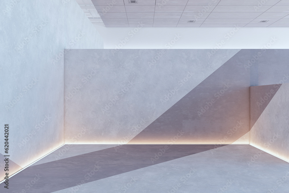 Modern bright concrete exhibition hall interior with sunlight and shadows. Museum and art concept. 3