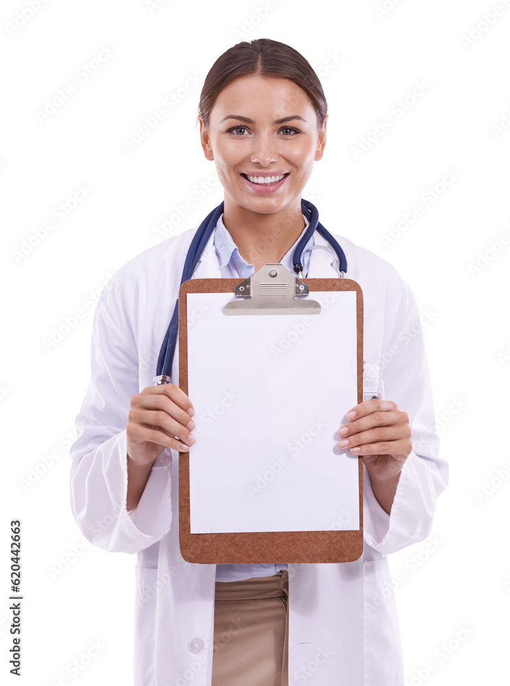 Happy woman, portrait and doctor with clipboard mockup for application isolated on a transparent PNG
