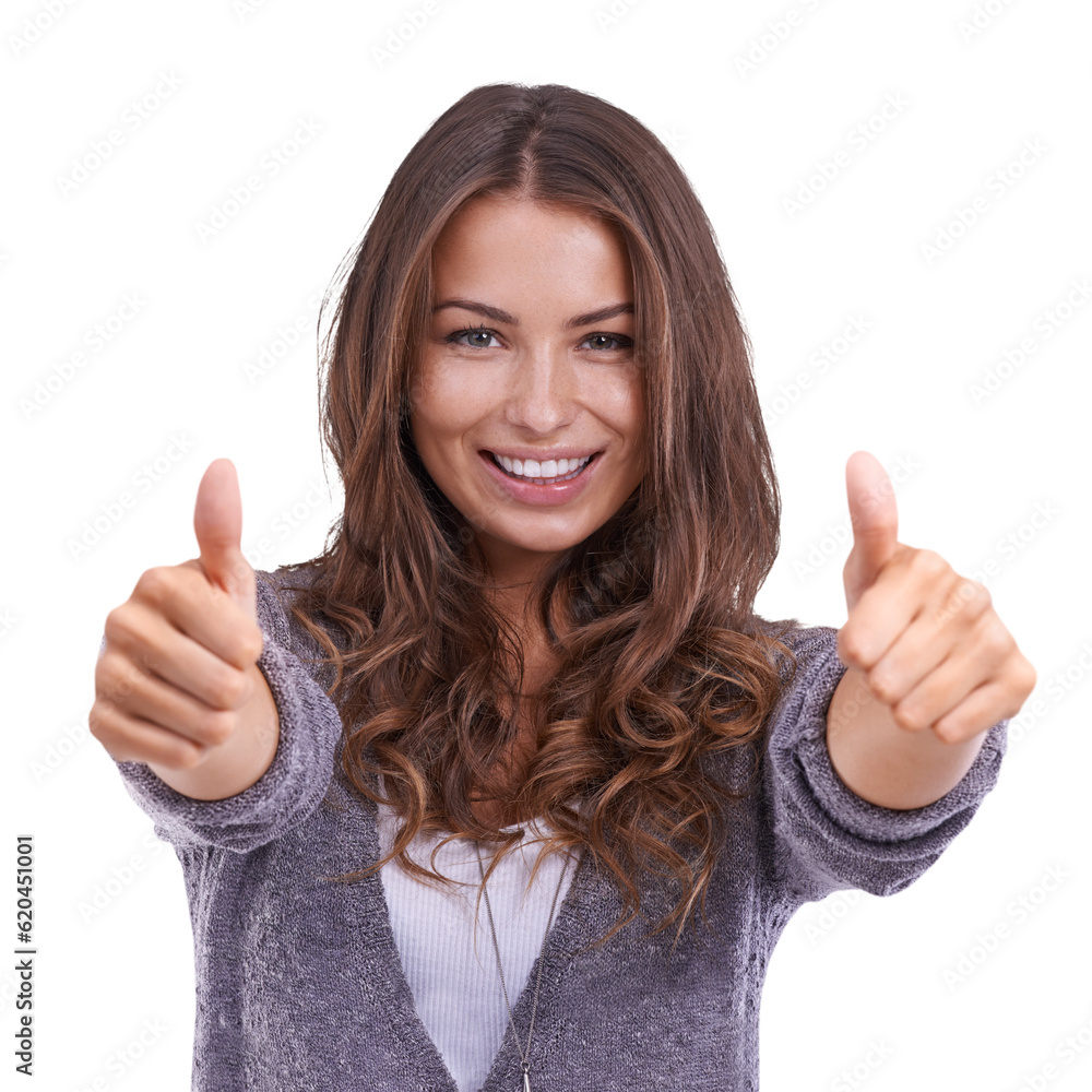 Thumbs up, happy woman and portrait for winner success, thank you or agreement, yes and like sign. Y