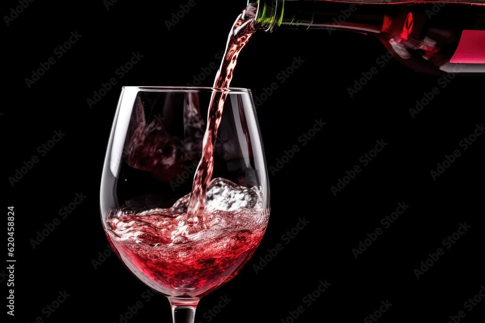 Red wine pouring into wine glass, close-up. Dark background.