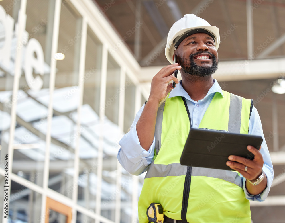 Phone call, black man and engineer with tablet for talking, planning and working on construction pro