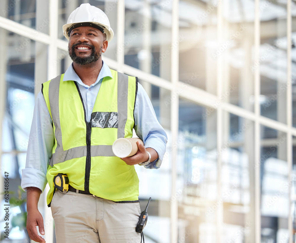 Black man, blueprint or construction manager walking in building site for project management. Engine