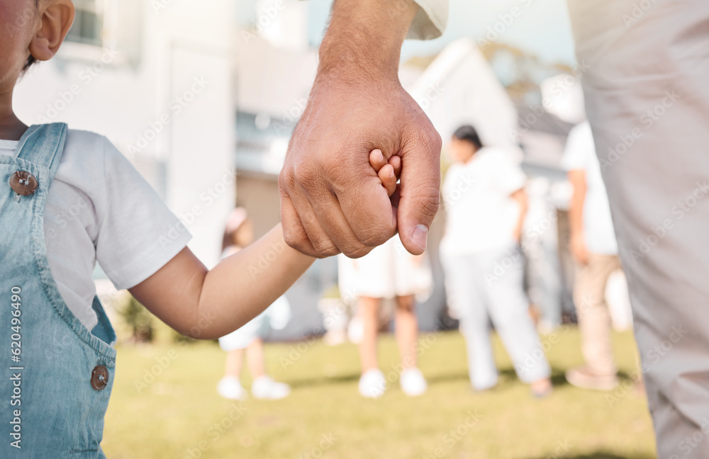 Closeup, parent or child holding hands in new home or real estate as family bonding with love or car