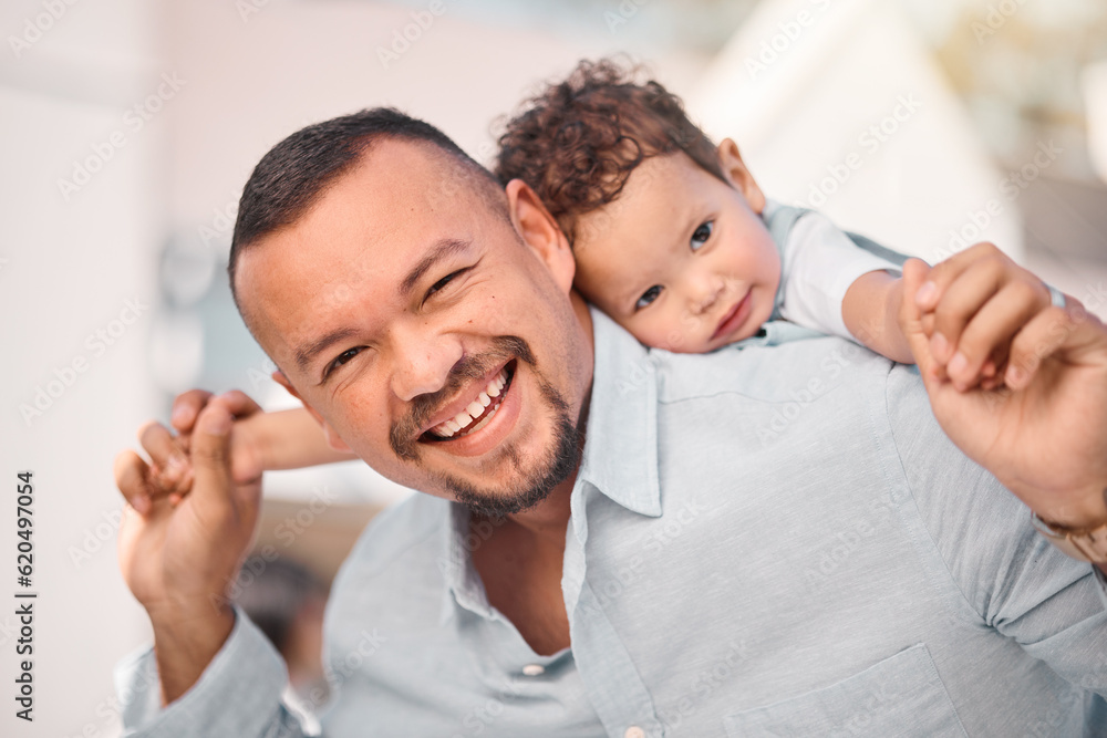 Father, family and piggy back laugh with portrait outdoor with a smile from dad and young boy with f