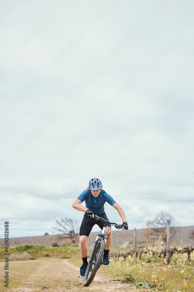 Exercise, man and cycling for fitness, bike and training with wellness, helmet for safety and health