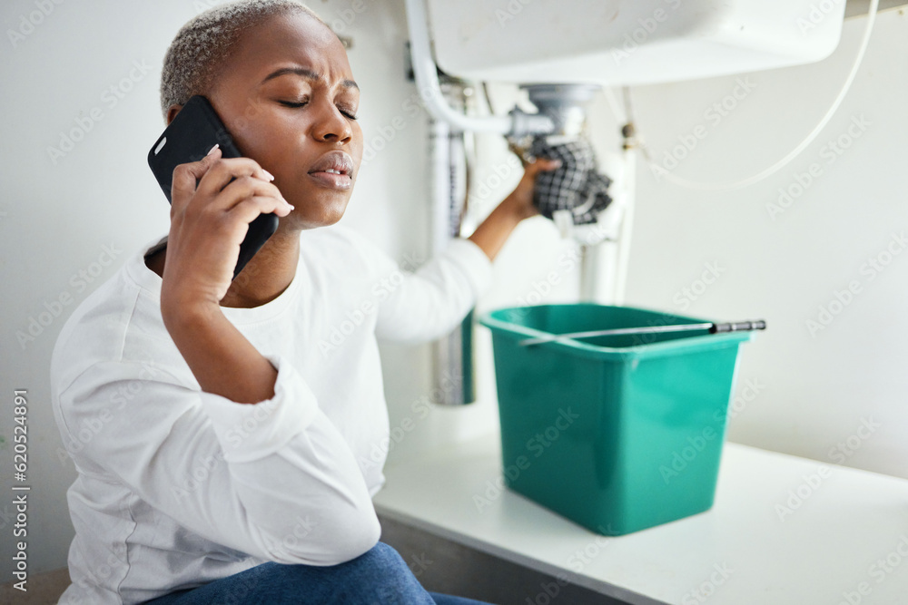 Phone call, anxiety and plumbing with black woman and sink for maintenance, construction and leak. S
