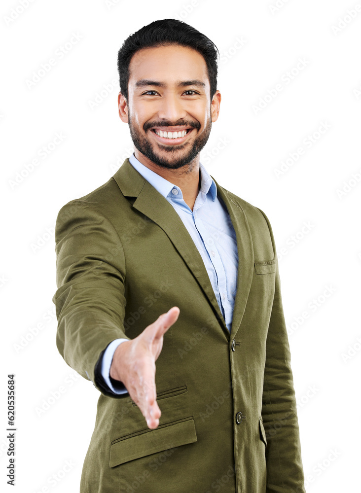 Isolated business man, open handshake or smile in portrait for welcome, kindness and transparent png