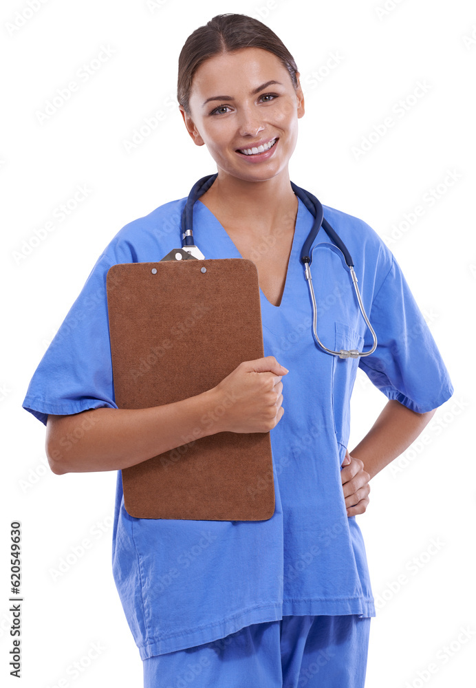 Happy woman, portrait and doctor with clipboard for healthcare advice isolated on a transparent PNG 