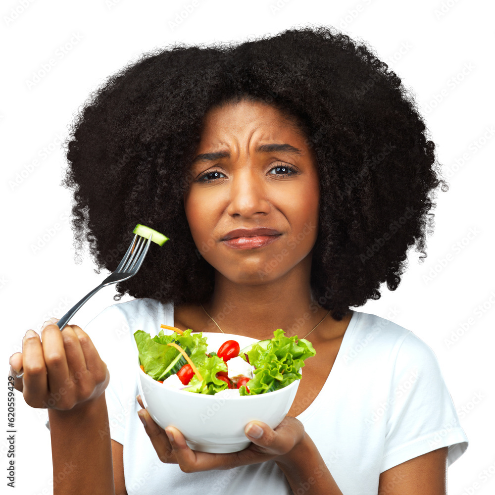 Portrait, salad and sad woman eating healthy food, detox lunch or breakfast isolated on transparent,