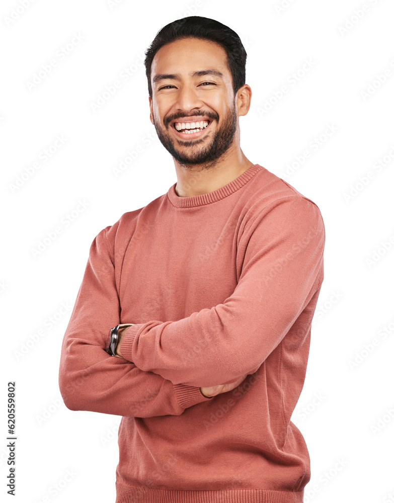 Laugh, portrait of man with arms crossed and isolated on transparent png background, confidence with