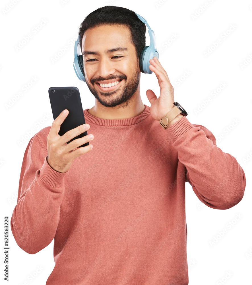 Asian man, phone and listening to music with headphones standing isolated on a transparent PNG backg