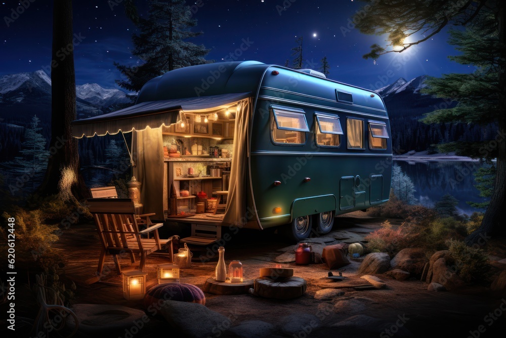 Car camping at night. Illustration AI Generative.