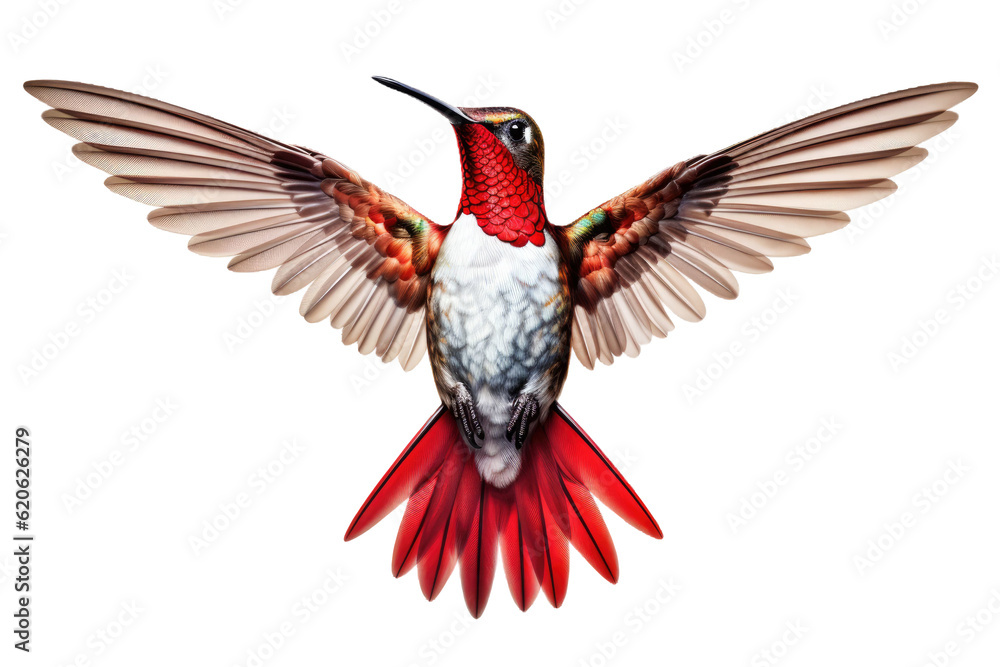 Male Ruby-throated Hummingbird, also known as Archilochus colubris, is depicted in a cutout image ag
