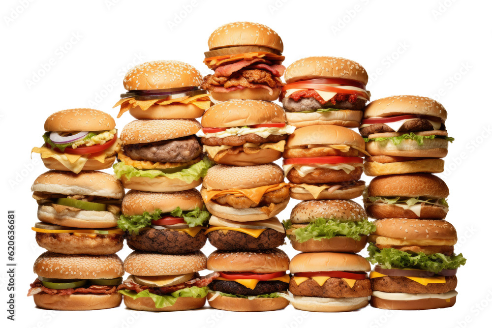 Burger, chicken, meat, and various sandwiches on a plain transparent background.