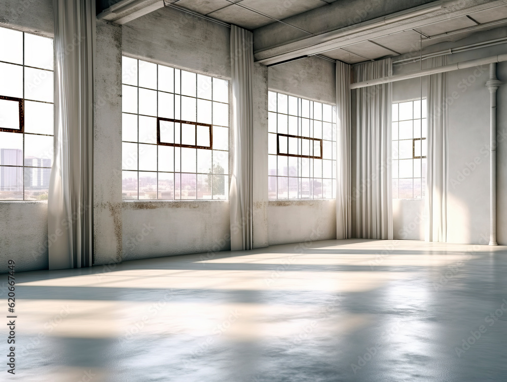 Perspective view of empty loft interior room with concrete floor and large windows. Generative AI