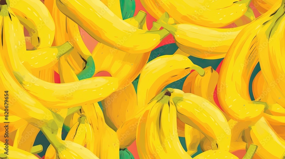  a bunch of bananas that are yellow and green with a red background that is very colorful and has a 