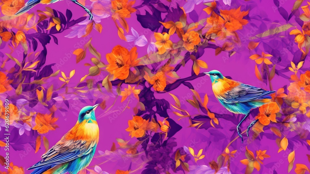  a painting of two birds sitting on a branch with orange and purple flowers on a purple and pink bac