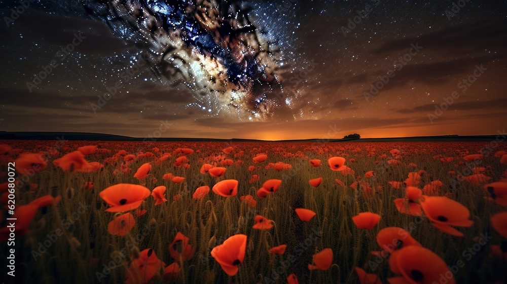  a field of red flowers under a night sky with stars and a tree in the distance with a bright star f