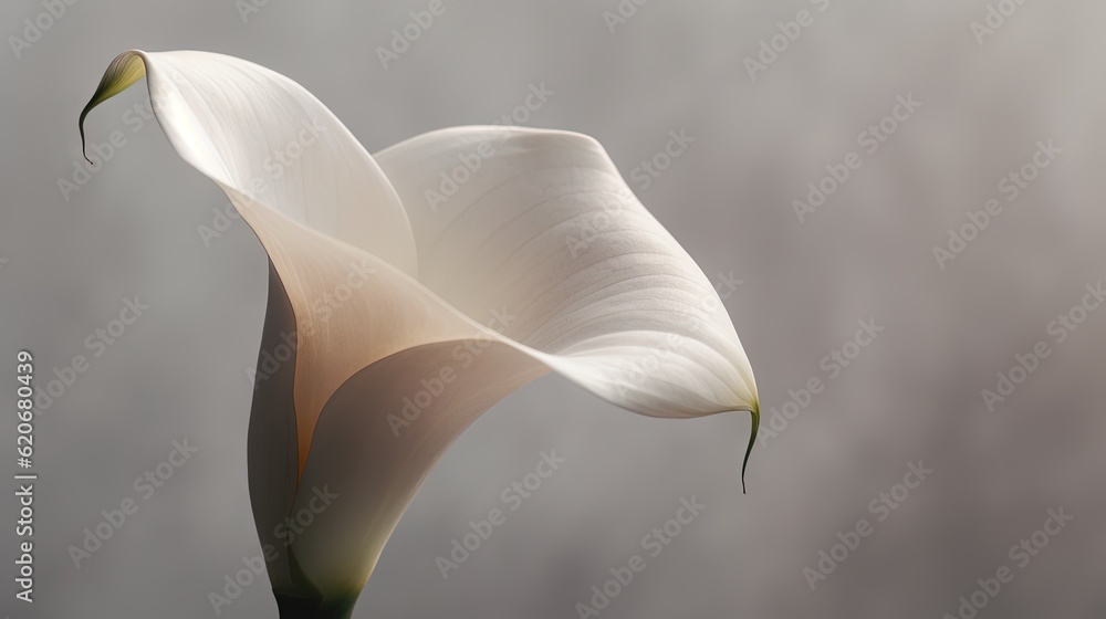  a white flower with a long stem on a gray background with a blurry back drop of light from the cent
