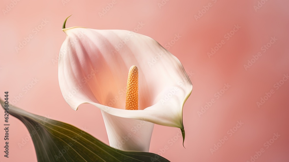  a white flower with a green leaf sticking out of its center and a pink background with a light pin