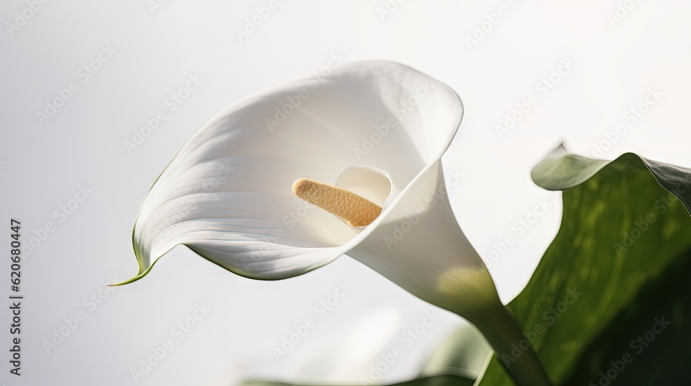  a white flower with a yellow spot in the middle of the flower stem and a green leaf in the foregrou