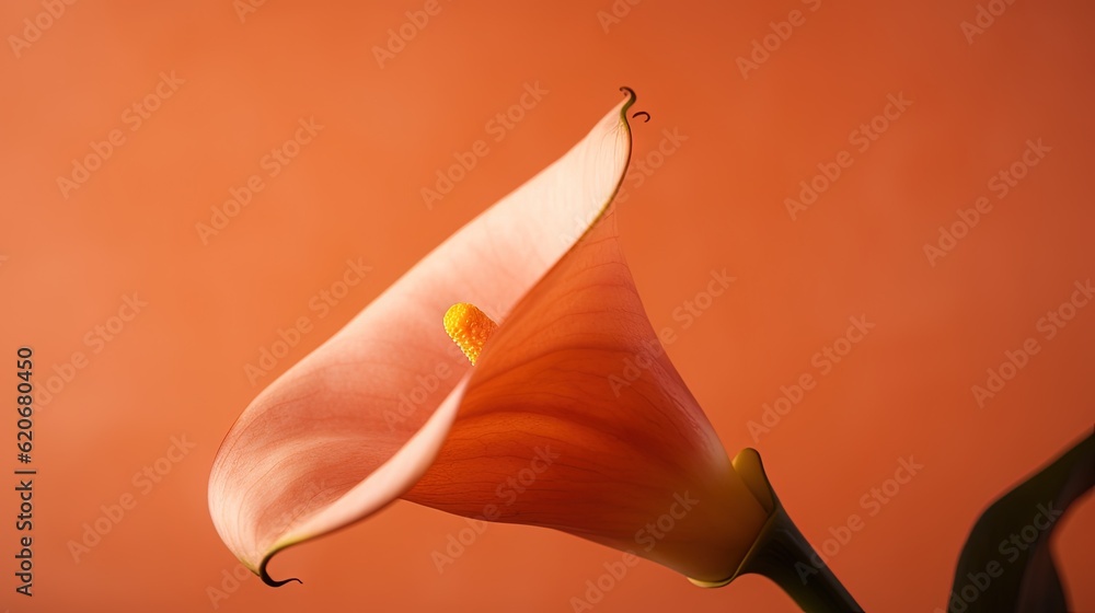  a flower with a yellow center on an orange background with a black stem and a yellow center on the 