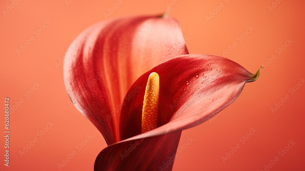  a close up of a red flower with water droplets on its petals and a red background with a yellow st