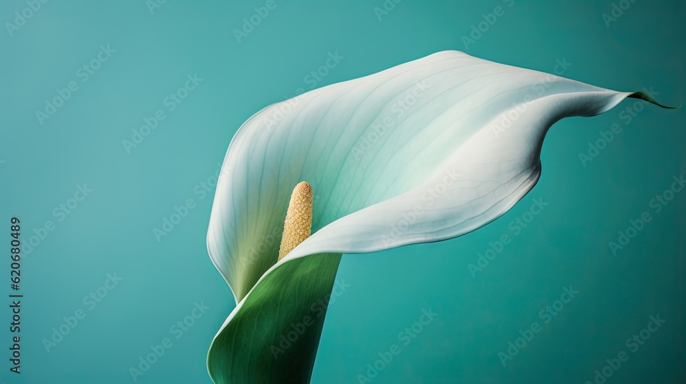  a large white flower with a green center on a blue background with a yellow center on the center of