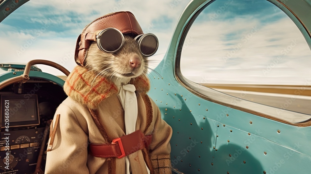  a rat wearing a pilots outfit and goggles in front of a plane cockpit with a pilots helmet and go