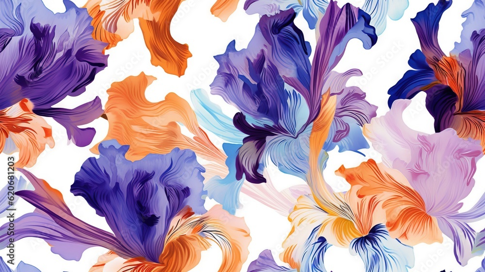  a painting of a bunch of flowers on a white background with orange, blue, and purple petals on the 
