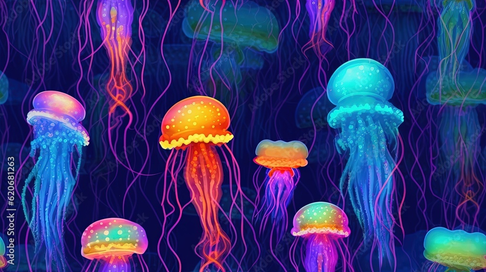  a group of jellyfish floating in the ocean at night with colorful lights on their head and body and