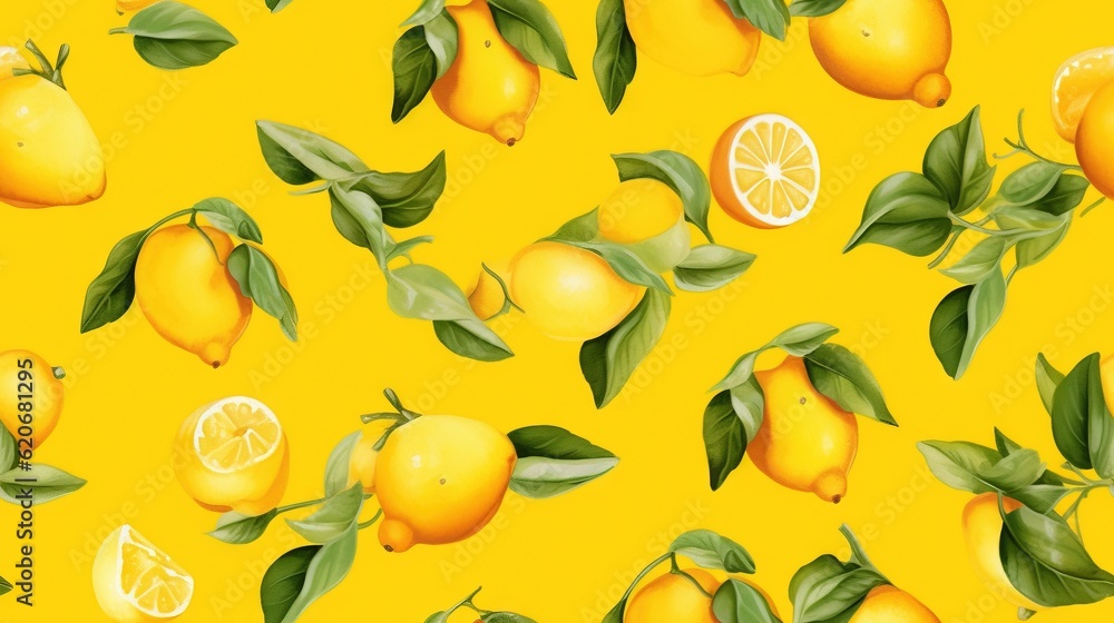  a yellow background with a bunch of lemons and limes on it with green leaves on the top of the lemo