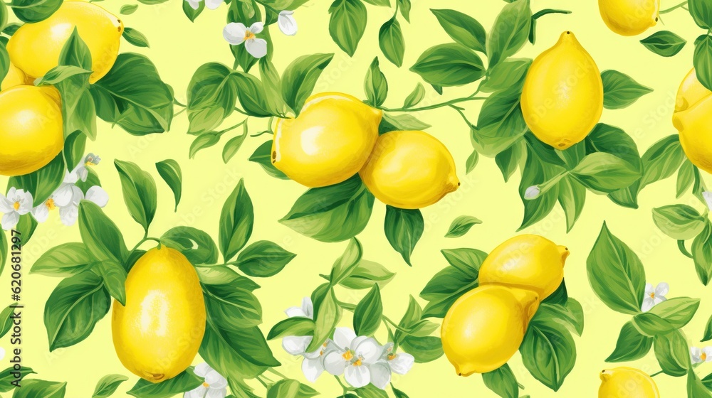  a yellow background with a bunch of lemons and flowers on it, all on a yellow background with white