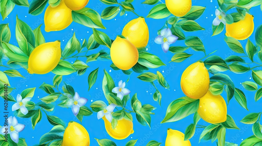 a painting of lemons and leaves on a blue background with white flowers and leaves on the branches 