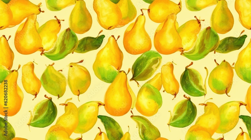  a painting of a bunch of pears and pears on a yellow background with green leaves on the top of the
