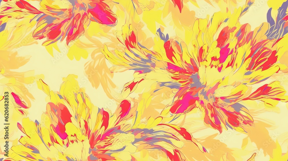  a yellow and red flower pattern on a yellow background with red and blue flowers in the center of t