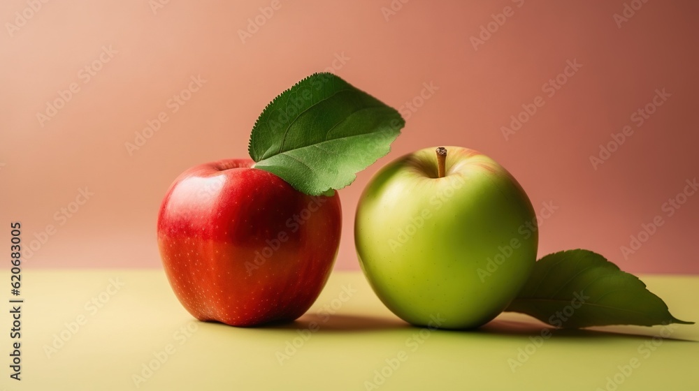  a green apple and a red apple on a yellow surface with a pink wall in the back ground and a green a
