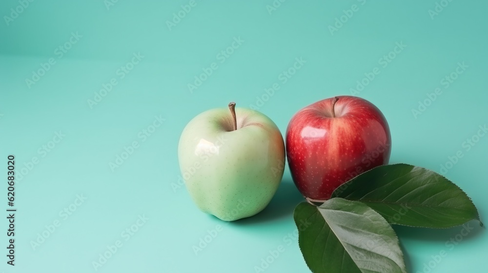  a green apple and a red apple on a blue surface with leaves on the side of the apple and a green ap