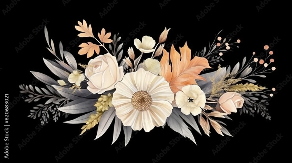  a bouquet of flowers on a black background with leaves and flowers in the center of the image is a 