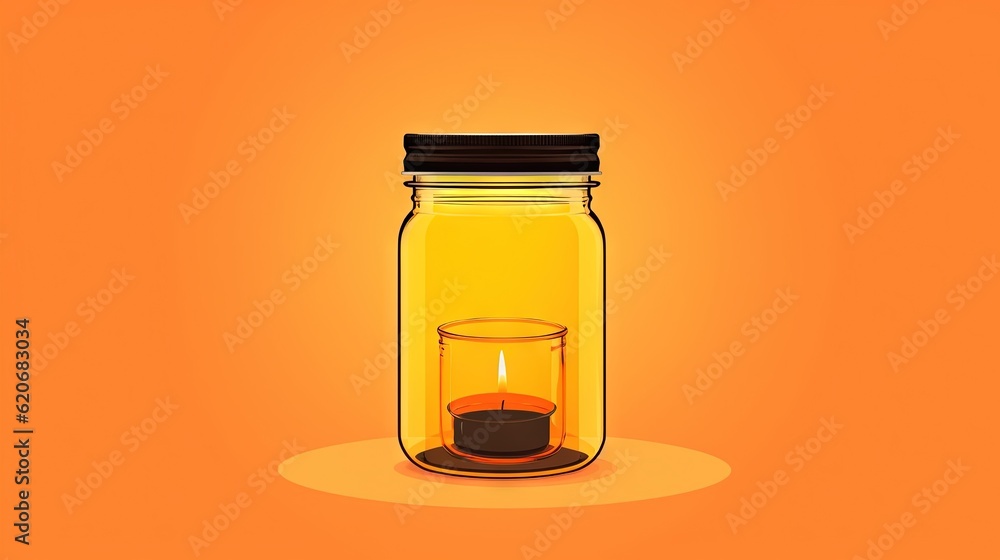  a glass jar with a candle inside on an orange background with a black lid and a black cap on the to