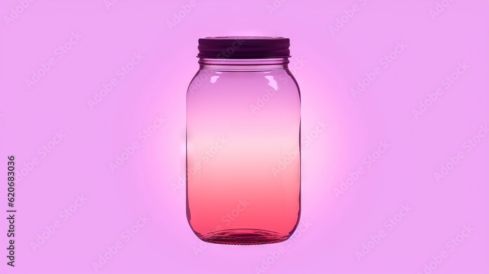  a glass jar with a purple lid on a pink background with a black cap on the top of the jar and a bla