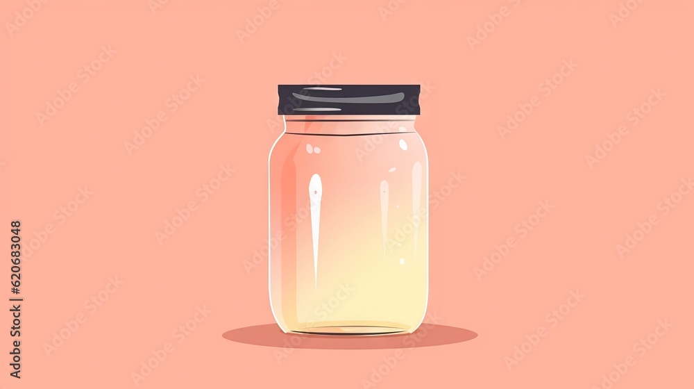  a glass jar with a black lid on a pink background with a black cap on the top of the jar and a blac