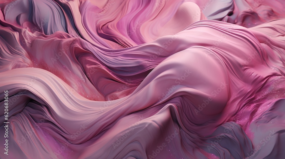  an abstract painting of pink and purple waves with a blue sky in the background and a white cloud i